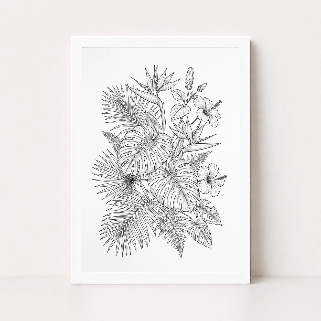 Fine Line Art Botanical Tropical Leaves Flowers Black White Art Photo Frame, view 3