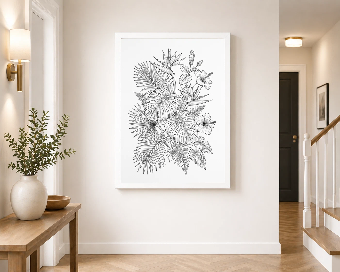 Fine Line Art Botanical Tropical Leaves Flowers Black White Art Photo Frame, view 4