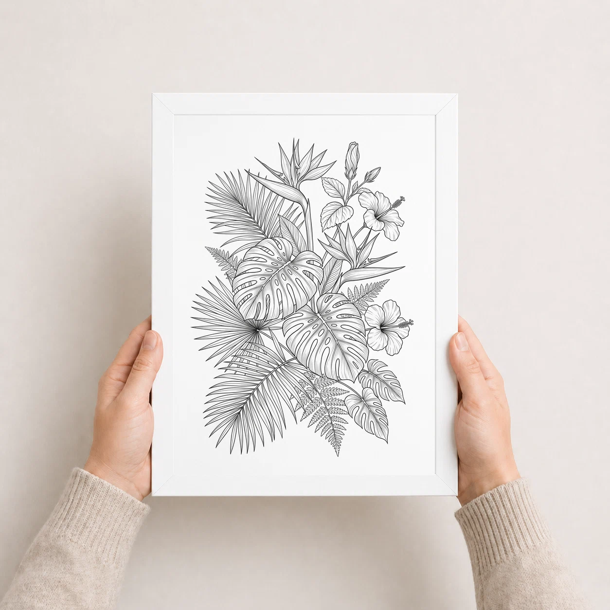 Fine Line Art Botanical Tropical Leaves Flowers Black White Art Photo Frame, view 5