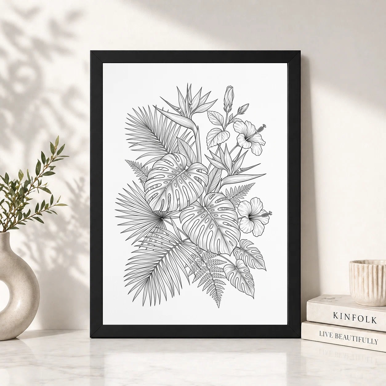 Fine Line Art Botanical Tropical Leaves Flowers Black White Art Photo Frame, view 6
