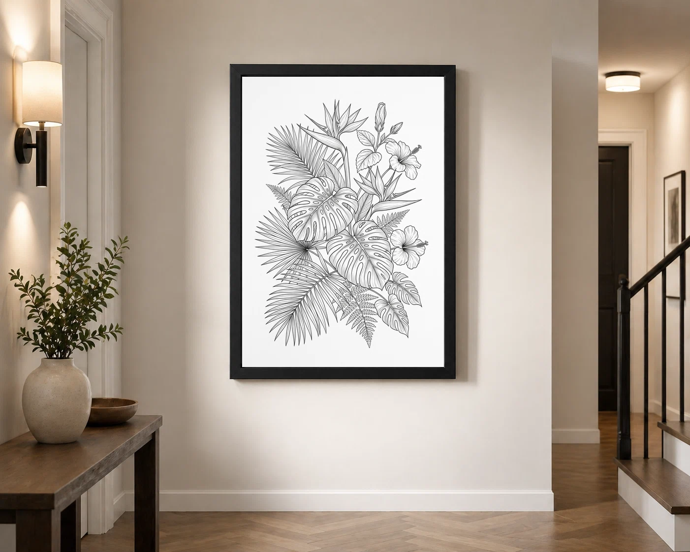 Fine Line Art Botanical Tropical Leaves Flowers Black White Art Photo Frame, view 7