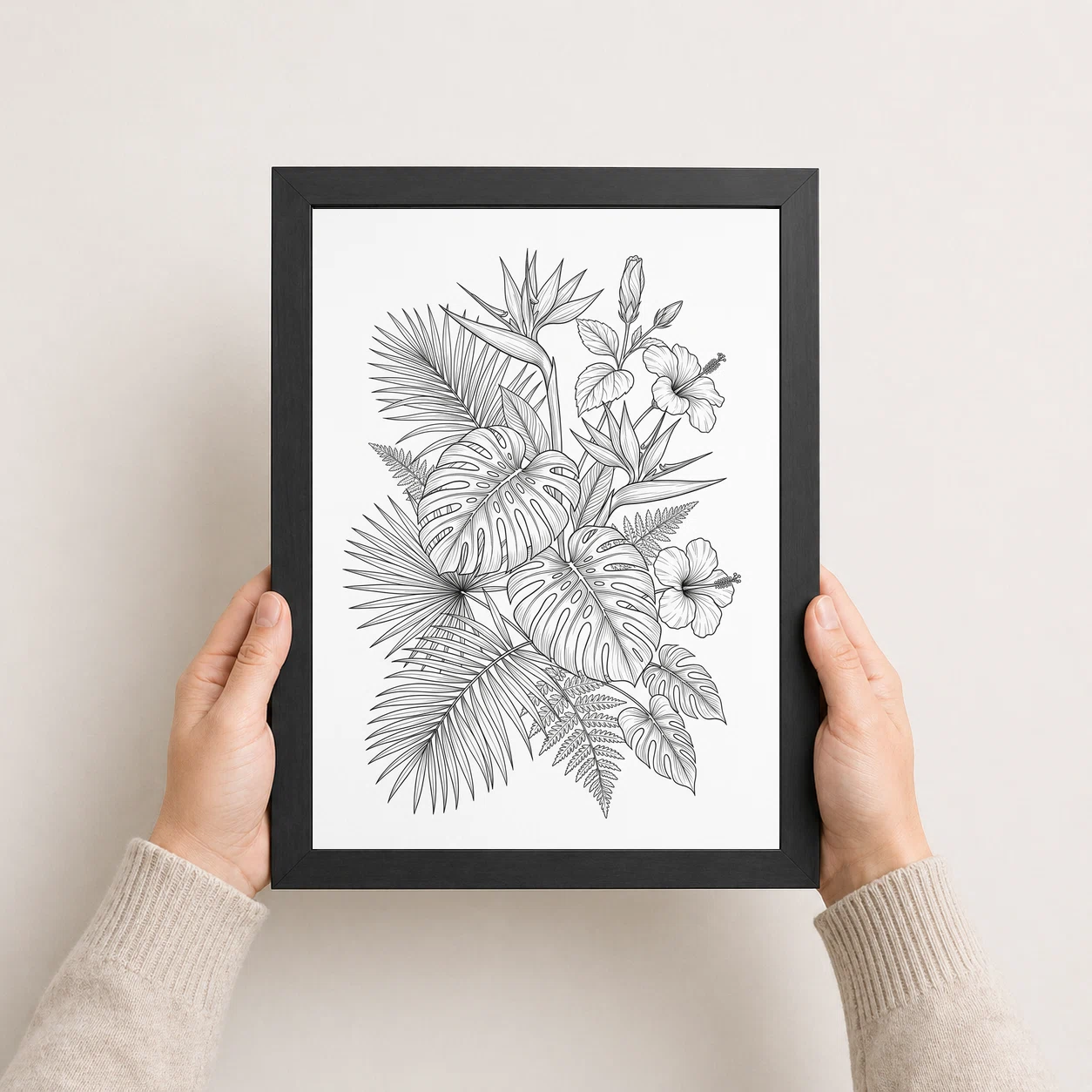 Fine Line Art Botanical Tropical Leaves Flowers Black White Art Photo Frame, view 8
