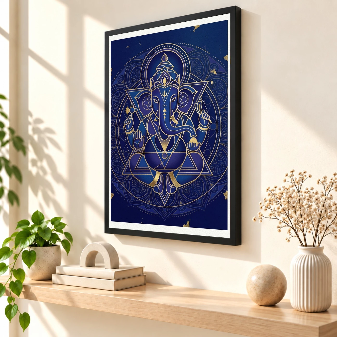 Ganesha Geometric Mandala Blue Gold Sacred Geometry Art Photo Frame, view 2