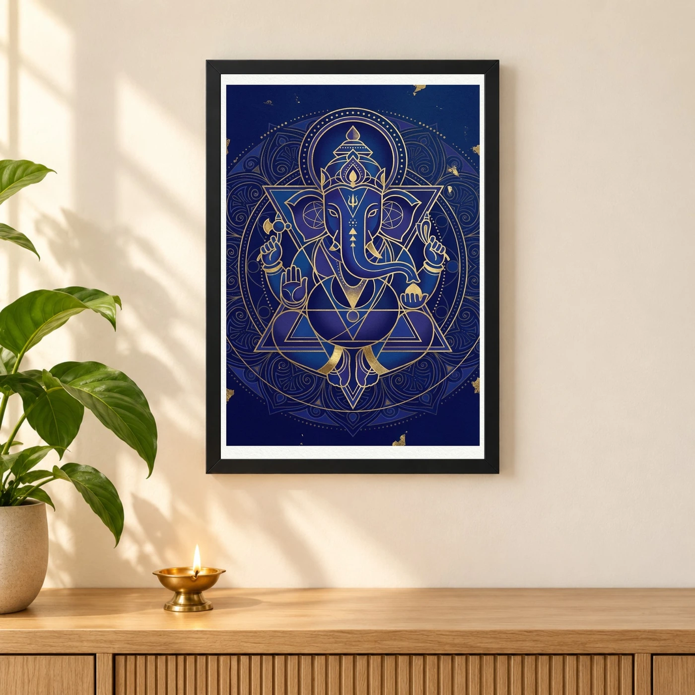 Ganesha Geometric Mandala Blue Gold Sacred Geometry Art Photo Frame, view 3