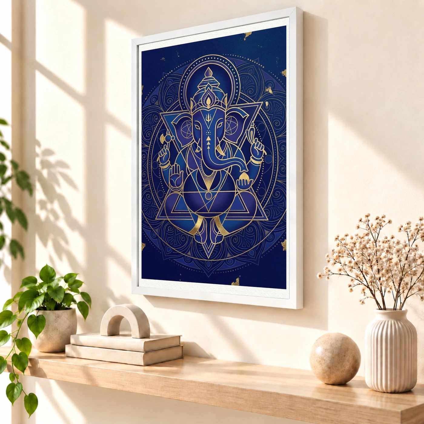 Ganesha Geometric Mandala Blue Gold Sacred Geometry Art Photo Frame, view 7