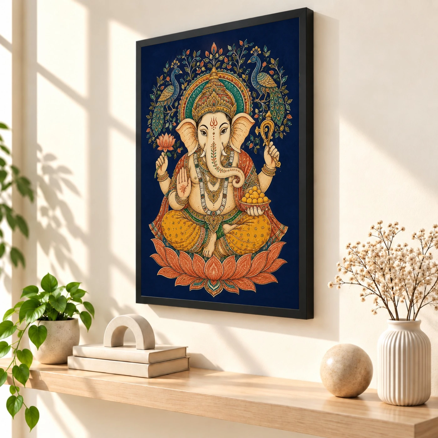 Ganesha — Madhubani Peacock Folk Art Frame, view 2