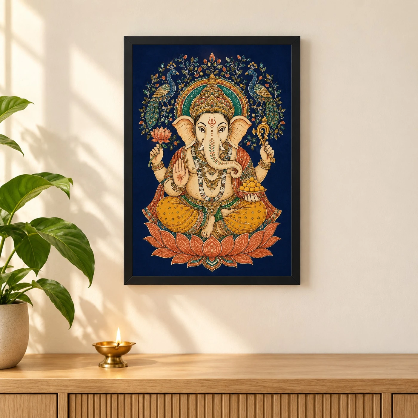 Ganesha — Madhubani Peacock Folk Art Frame, view 3