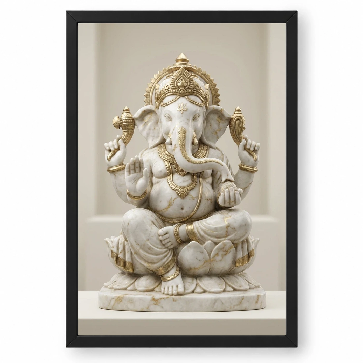 Ganesha Marble Sculpture White Gold Premium 3D Art Photo Frame