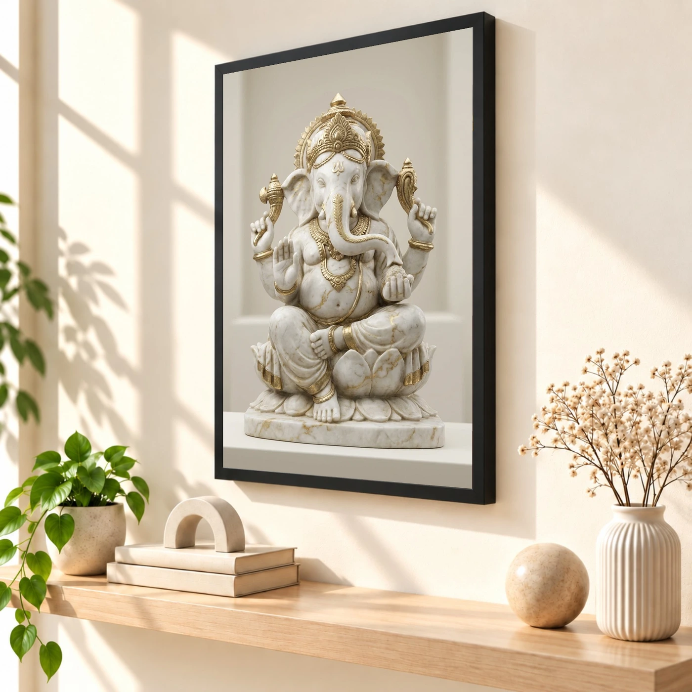 Ganesha Marble Sculpture White Gold Premium 3D Art Photo Frame, view 2