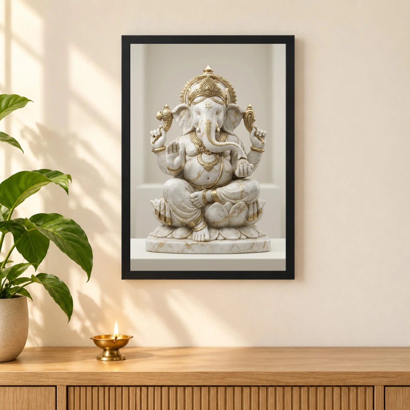 Ganesha Marble Sculpture White Gold Premium 3D Art Photo Frame, view 3
