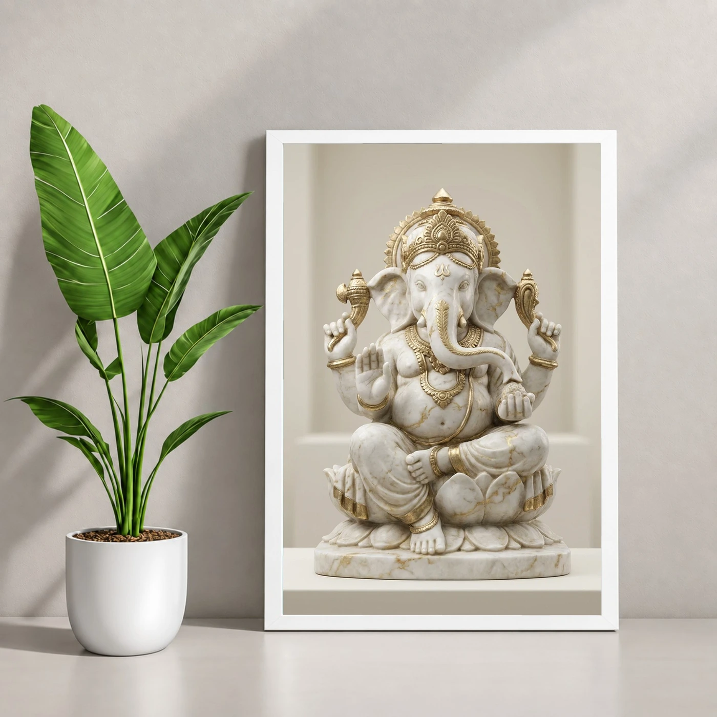 Ganesha Marble Sculpture White Gold Premium 3D Art Photo Frame, view 4