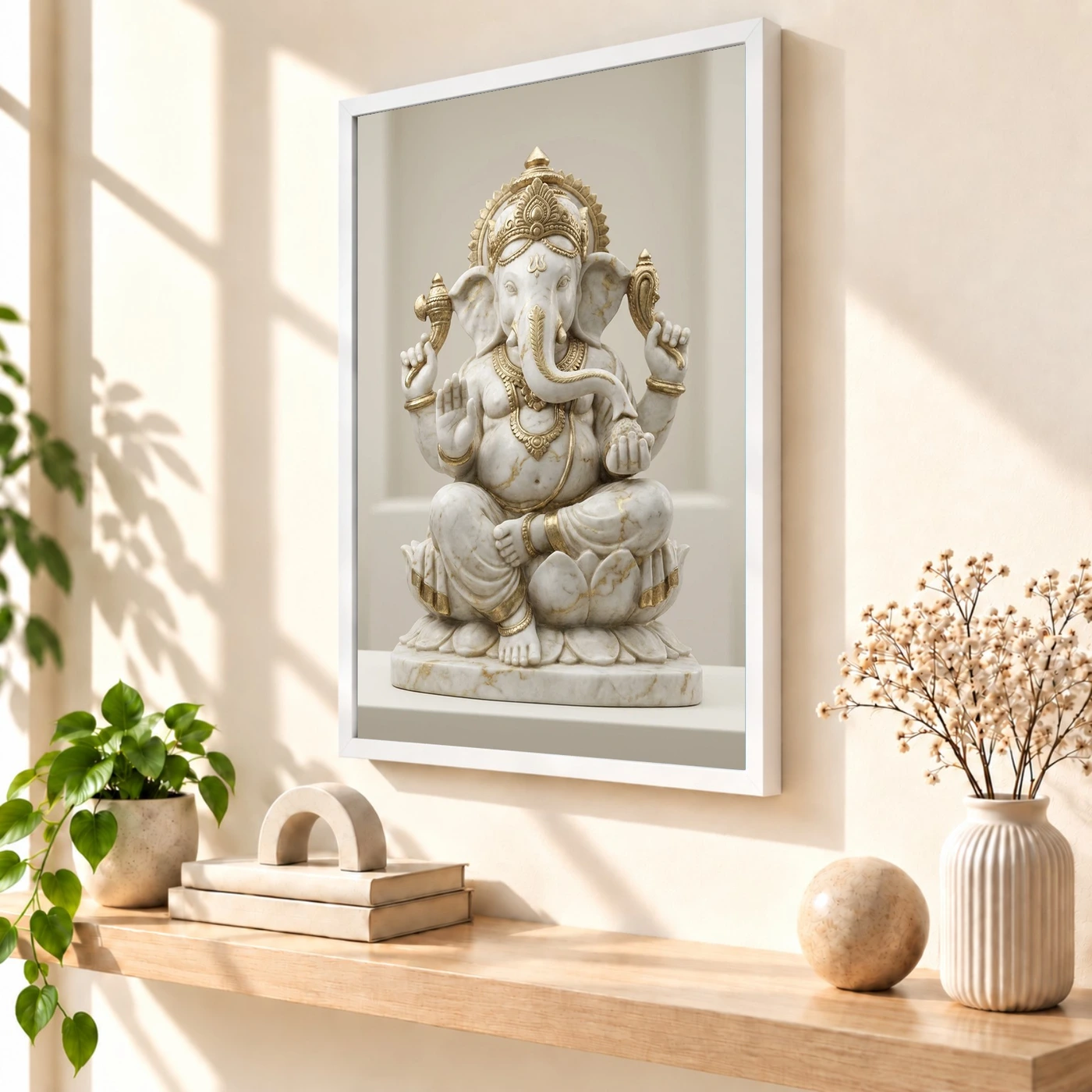 Ganesha Marble Sculpture White Gold Premium 3D Art Photo Frame, view 7