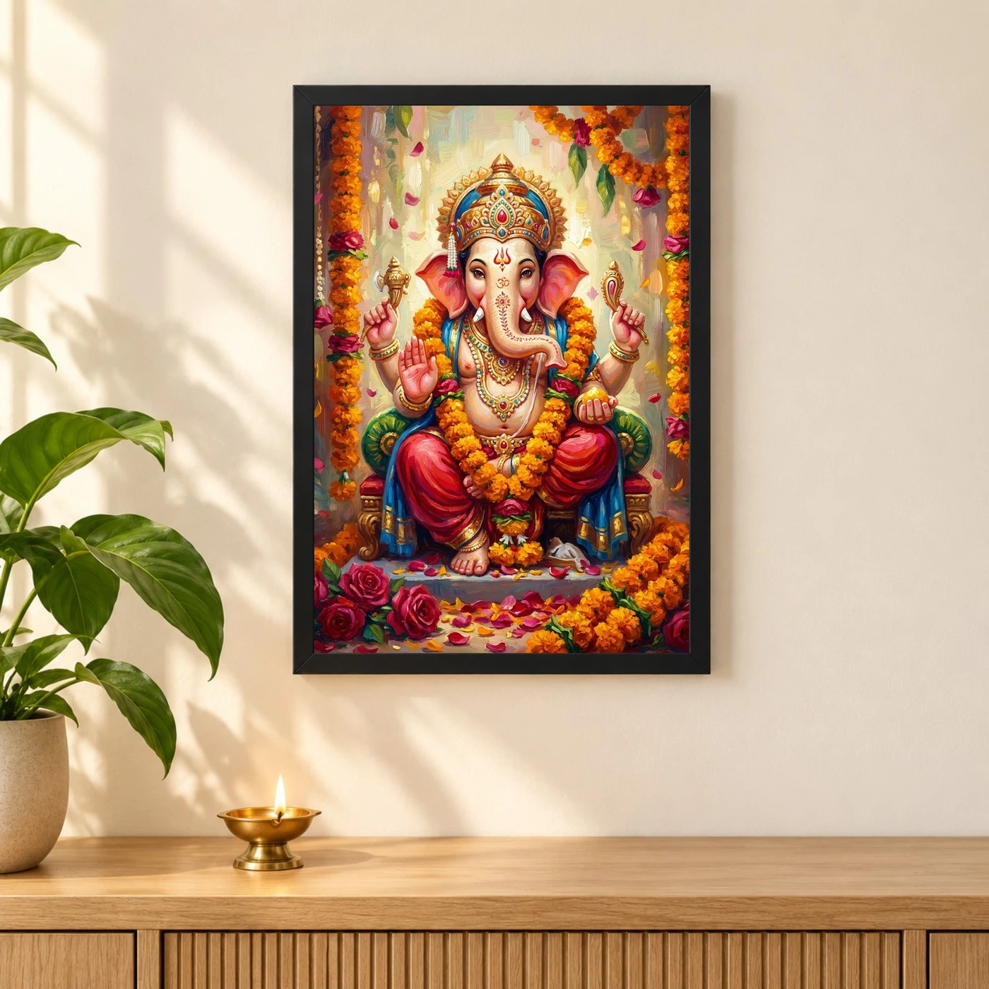 Ganesha Marigold Oil Painting Ganesh Chaturthi Festive Art Photo Frame, view 3