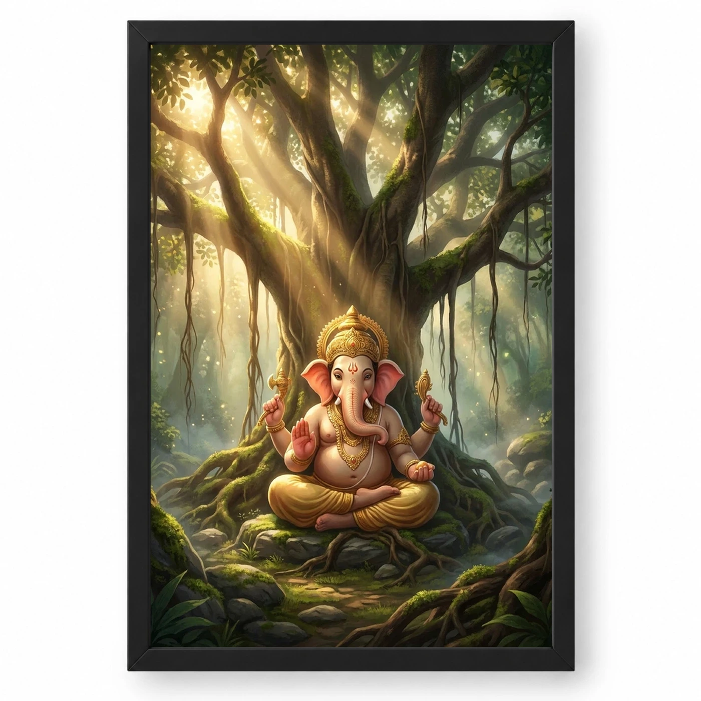 Ganesha Meditating Banyan Tree Golden Light Zen Art Photo Frame