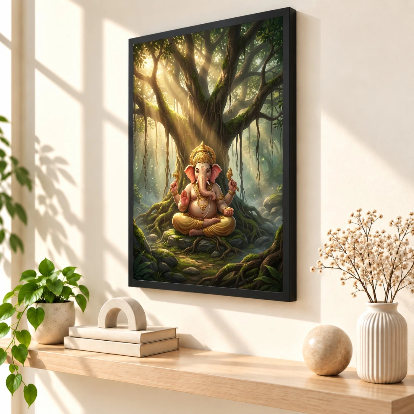 Ganesha Meditating Banyan Tree Golden Light Zen Art Photo Frame, view 2