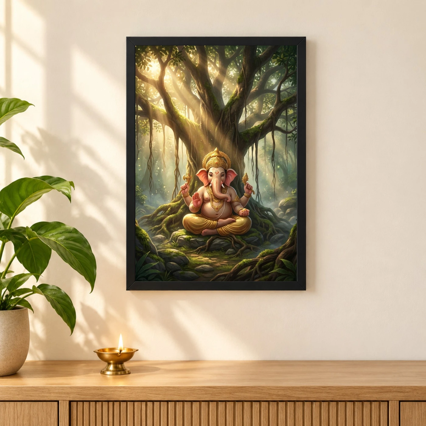 Ganesha Meditating Banyan Tree Golden Light Zen Art Photo Frame, view 3