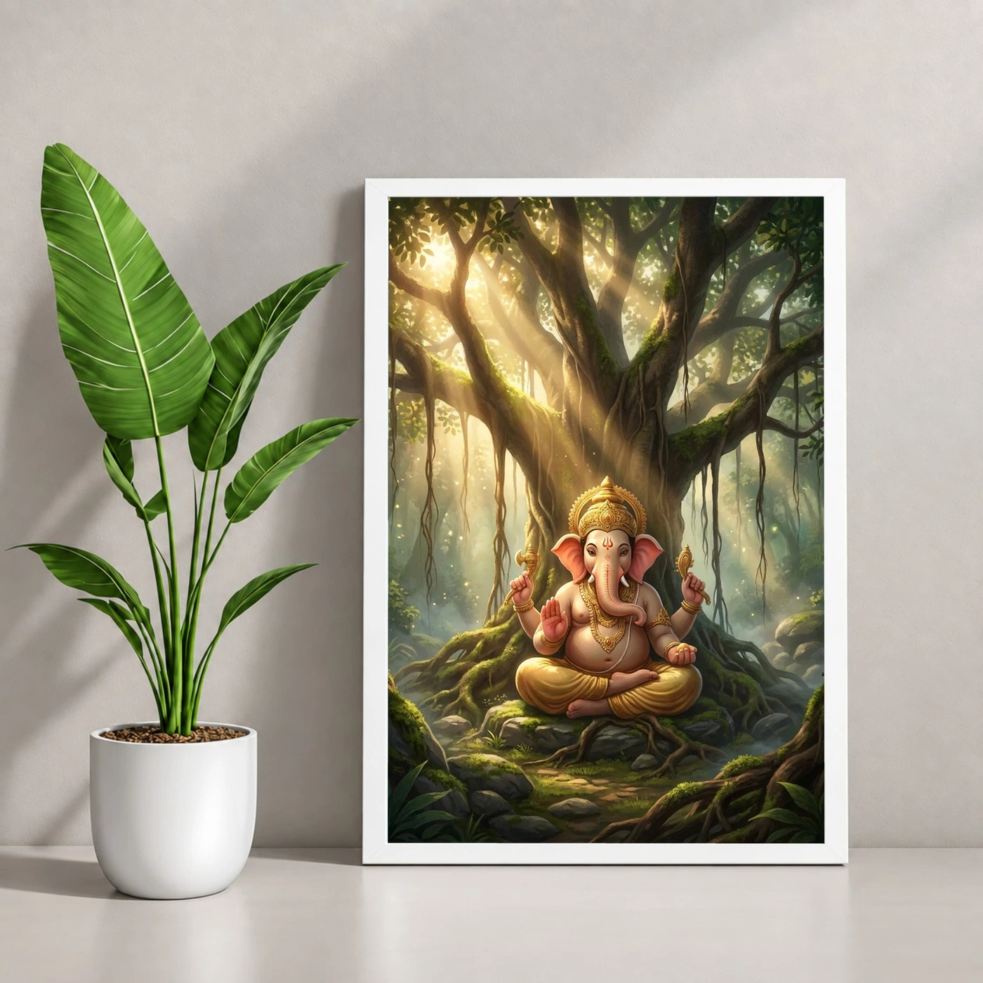 Ganesha Meditating Banyan Tree Golden Light Zen Art Photo Frame, view 4