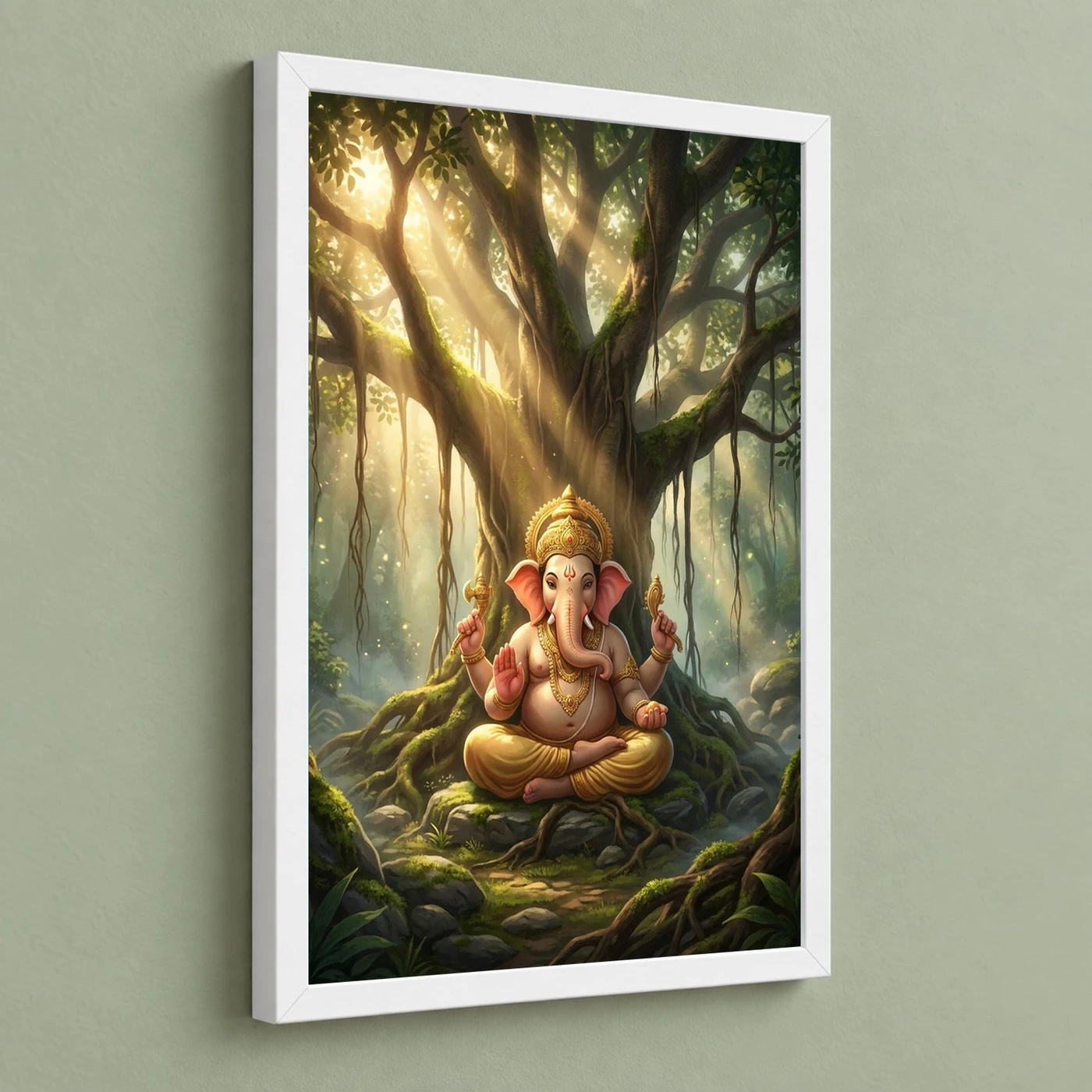 Ganesha Meditating Banyan Tree Golden Light Zen Art Photo Frame, view 5
