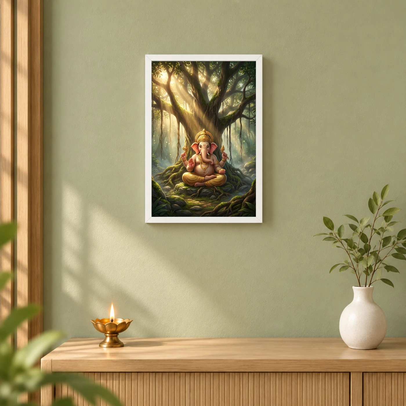 Ganesha Meditating Banyan Tree Golden Light Zen Art Photo Frame, view 6