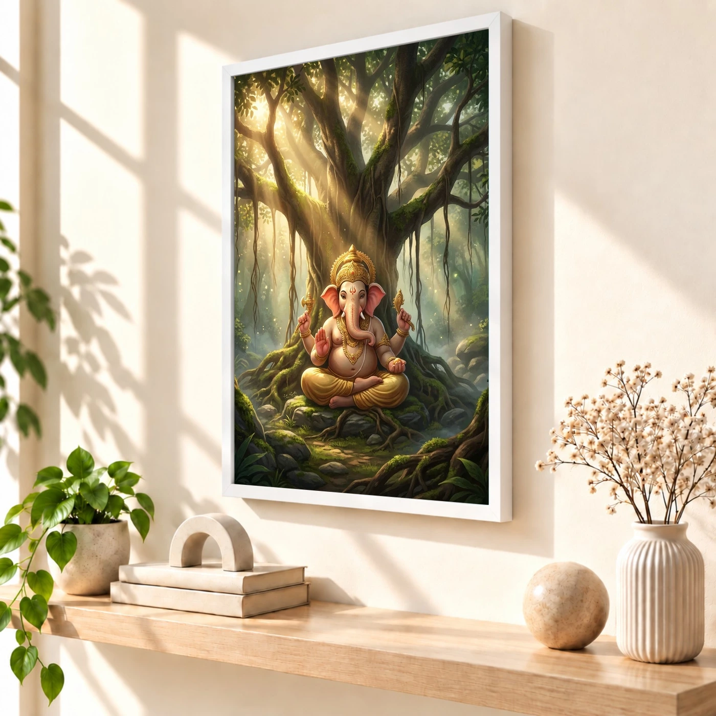 Ganesha Meditating Banyan Tree Golden Light Zen Art Photo Frame, view 7