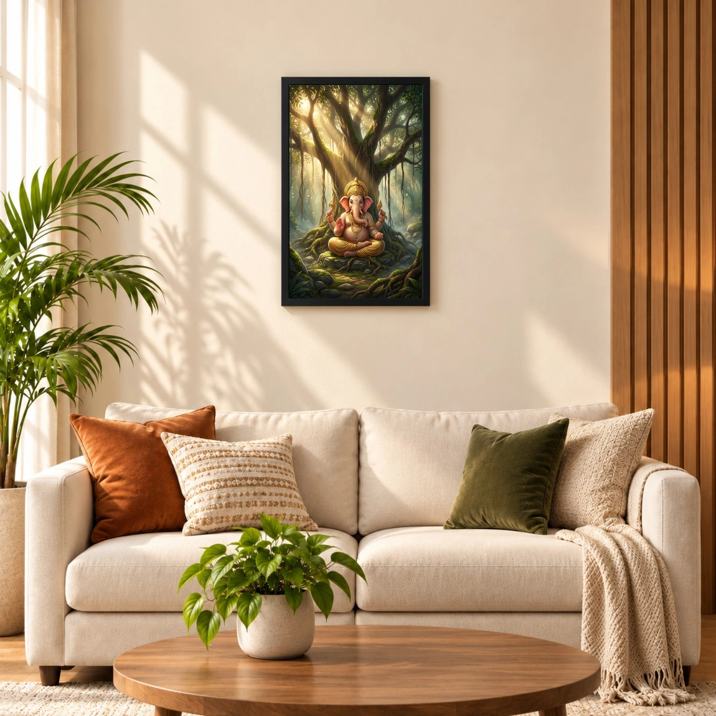 Ganesha Meditating Banyan Tree Golden Light Zen Art Photo Frame, view 8