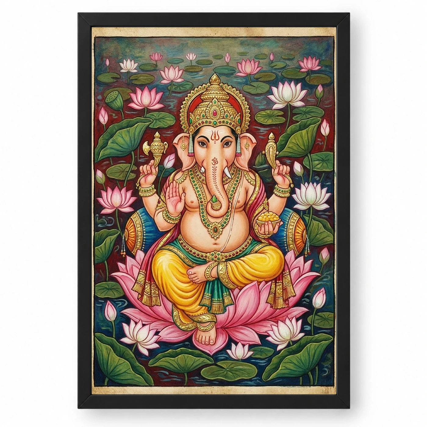 Ganesha Mysore Painting Gold Leaf Lotus Classical Art Photo Frame