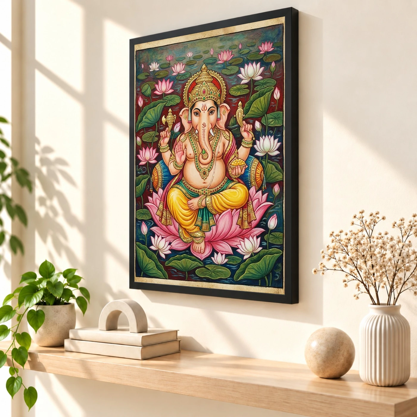 Ganesha Mysore Painting Gold Leaf Lotus Classical Art Photo Frame, view 2