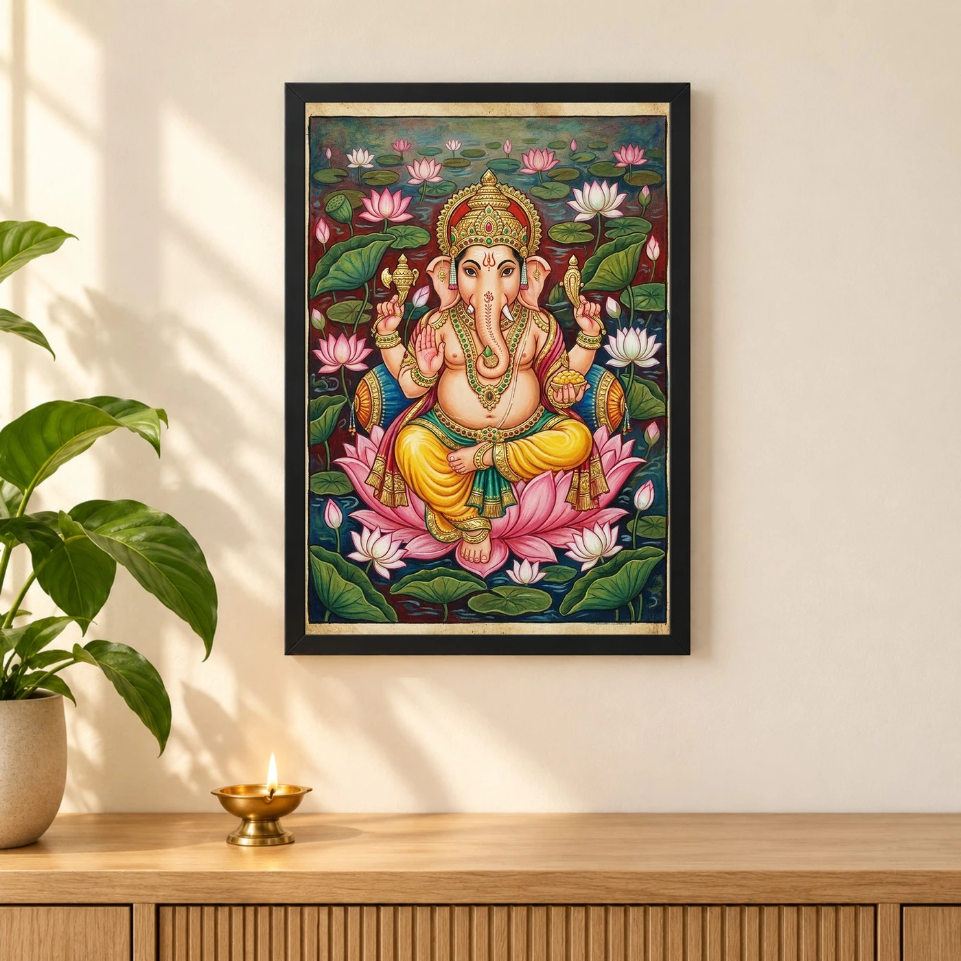 Ganesha Mysore Painting Gold Leaf Lotus Classical Art Photo Frame, view 3
