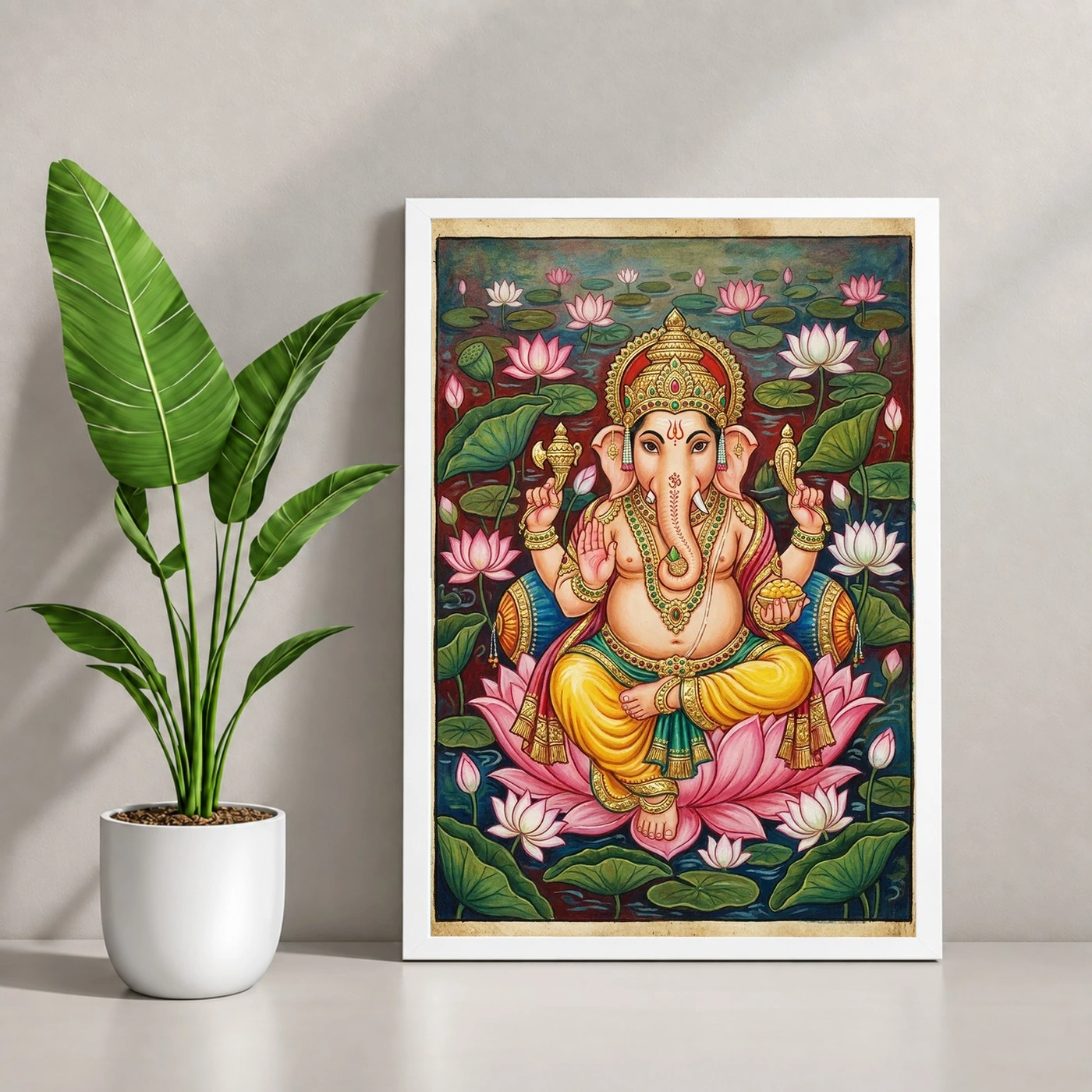 Ganesha Mysore Painting Gold Leaf Lotus Classical Art Photo Frame, view 4