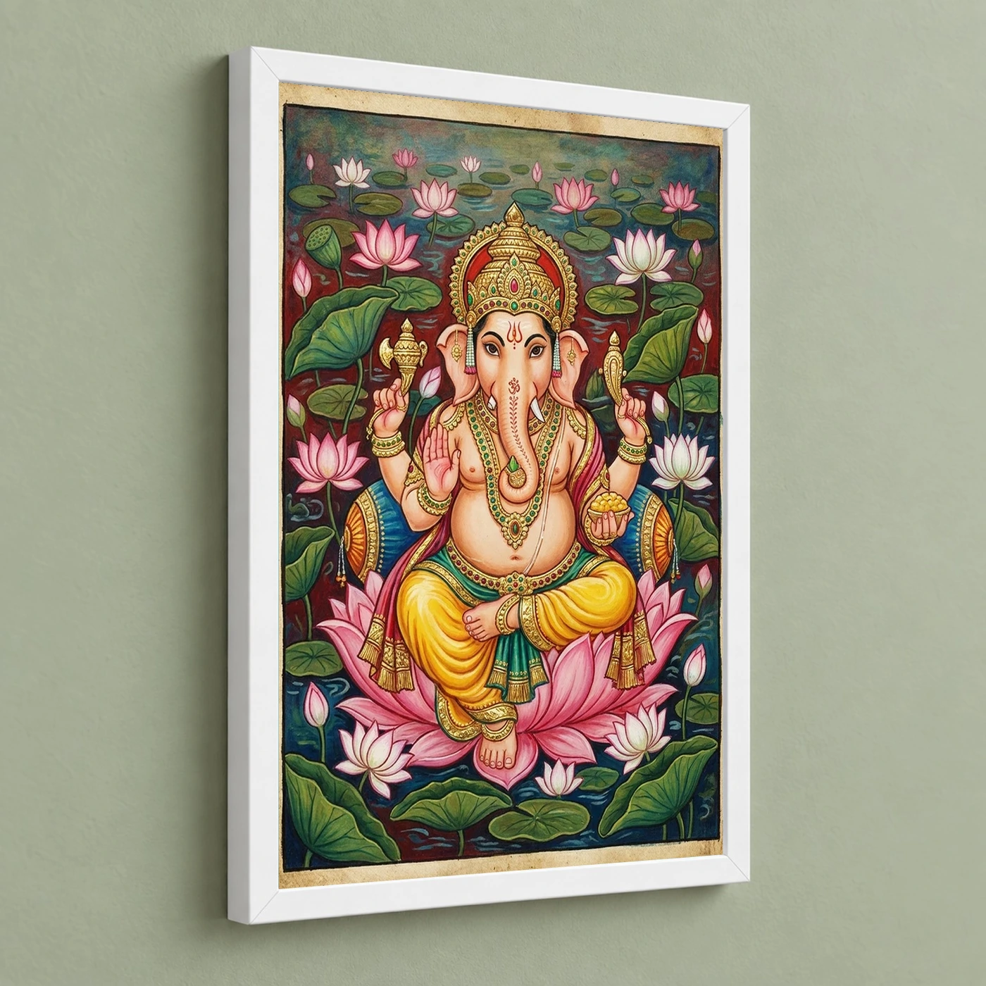 Ganesha Mysore Painting Gold Leaf Lotus Classical Art Photo Frame, view 5