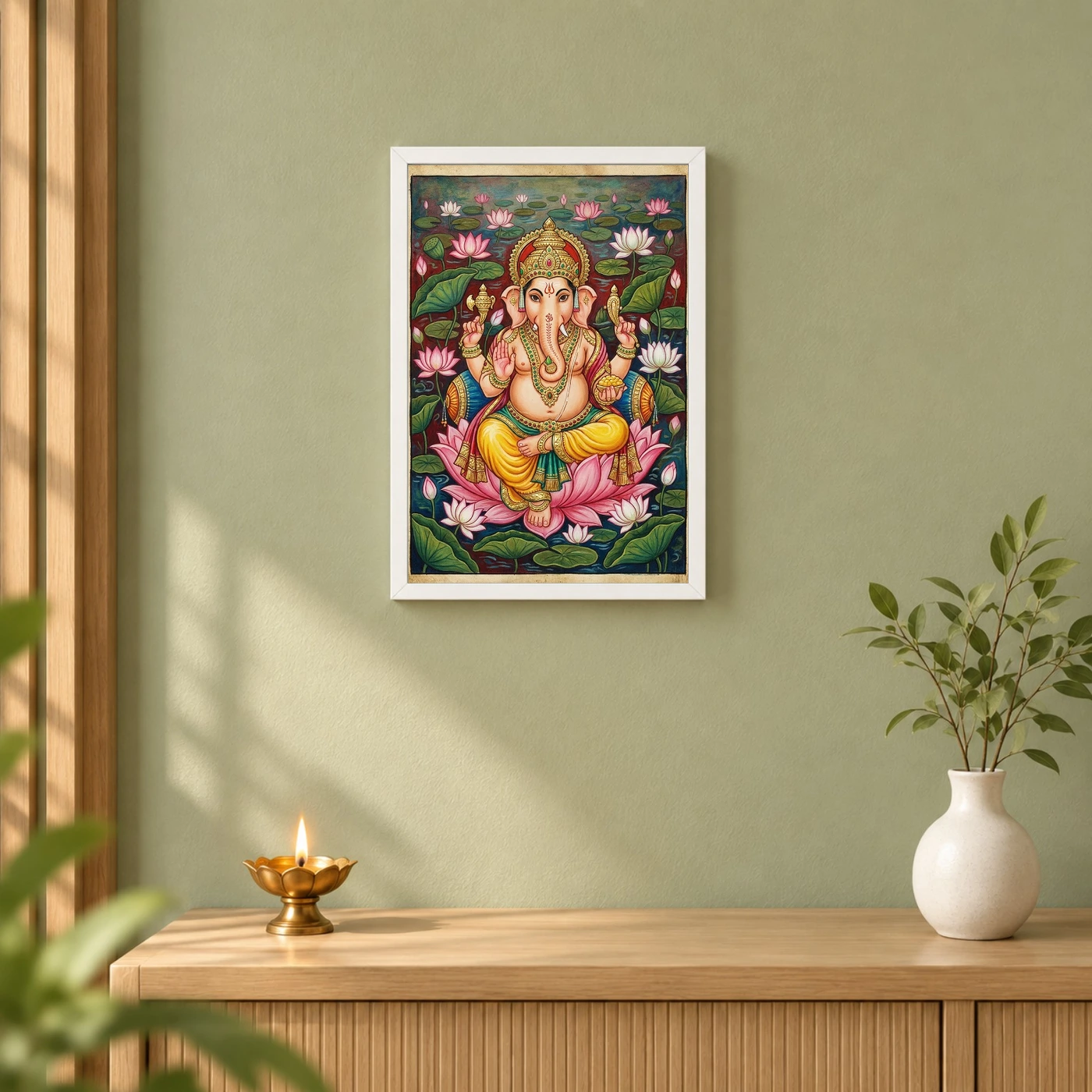 Ganesha Mysore Painting Gold Leaf Lotus Classical Art Photo Frame, view 6