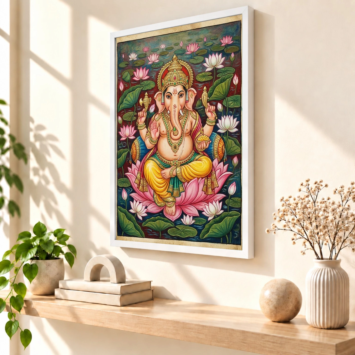 Ganesha Mysore Painting Gold Leaf Lotus Classical Art Photo Frame, view 7
