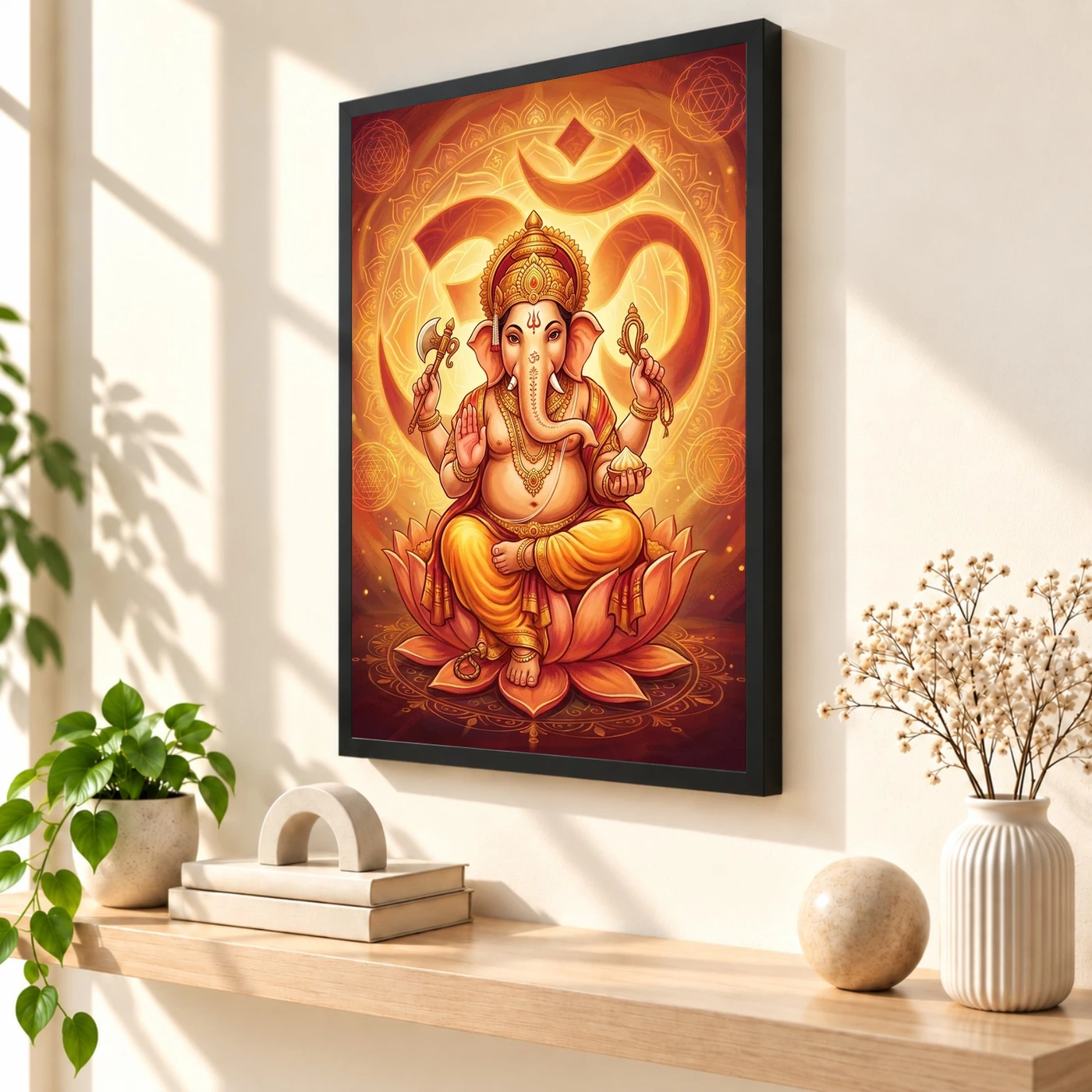 Ganesha Om Mandala Sacred Geometry Saffron Spiritual Art Photo Frame, view 2