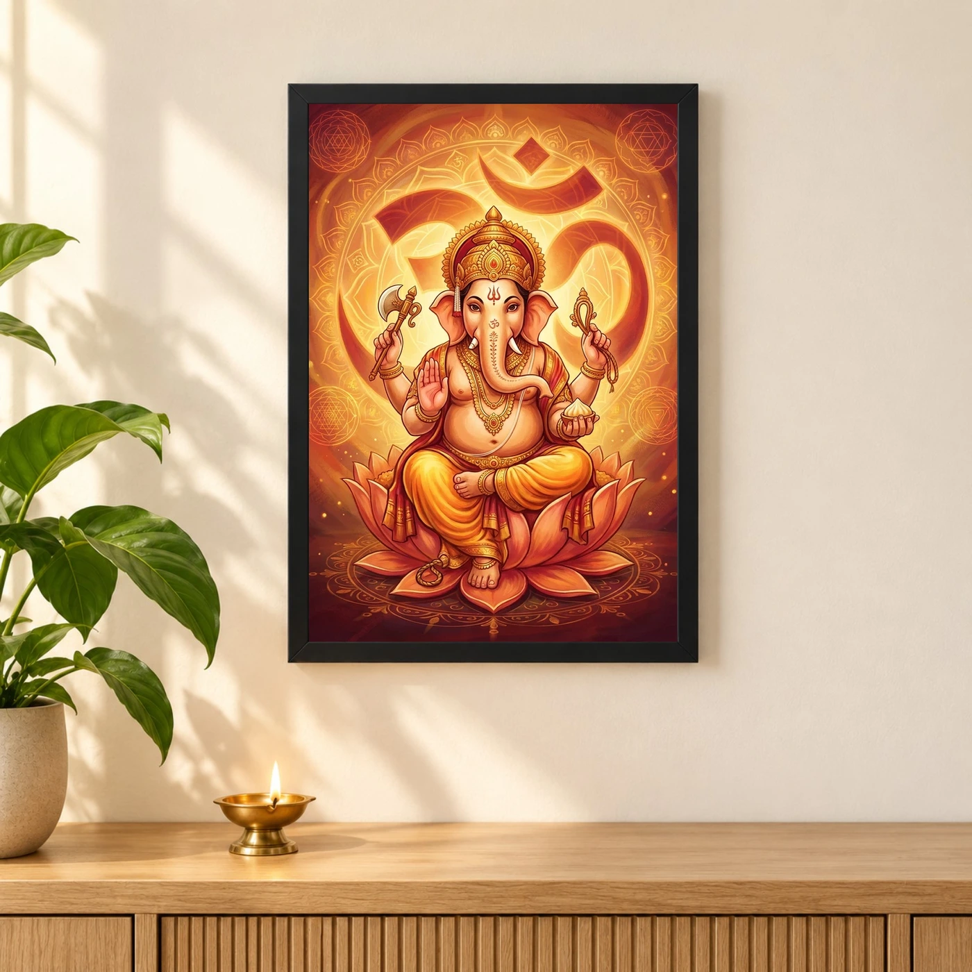 Ganesha Om Mandala Sacred Geometry Saffron Spiritual Art Photo Frame, view 3