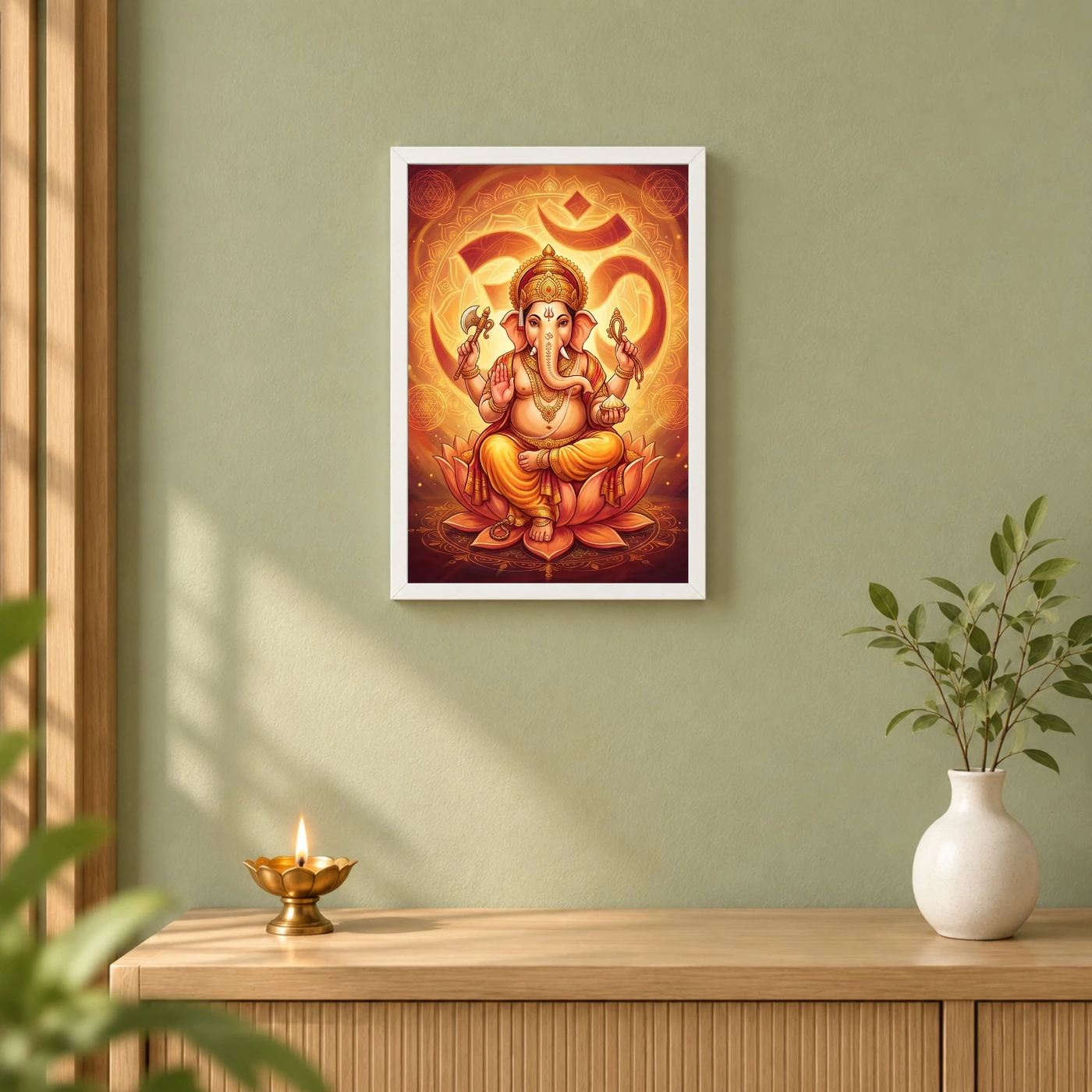 Ganesha Om Mandala Sacred Geometry Saffron Spiritual Art Photo Frame, view 6