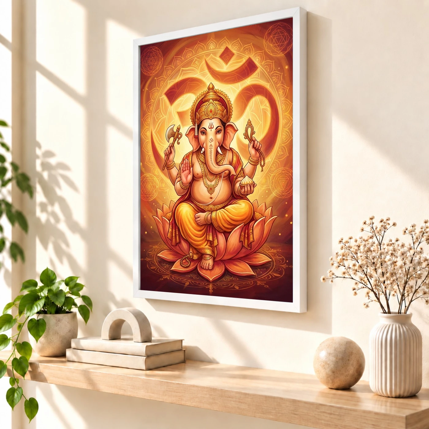 Ganesha Om Mandala Sacred Geometry Saffron Spiritual Art Photo Frame, view 7