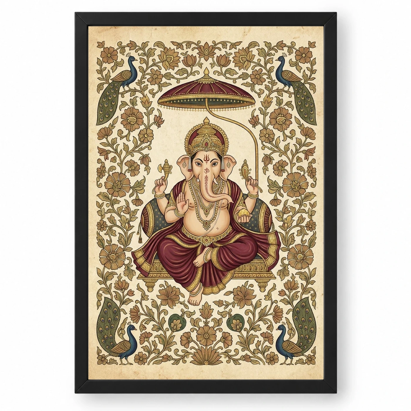 Ganesha Pichwai Painting Peacock Floral Rajasthani Wall Art Photo Frame