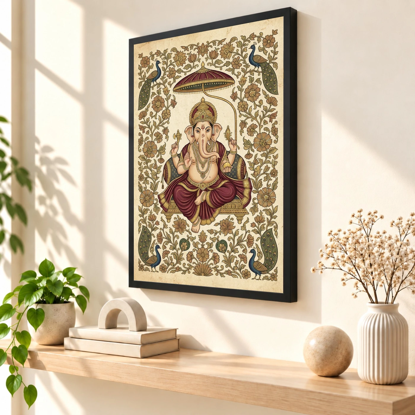 Ganesha Pichwai Painting Peacock Floral Rajasthani Wall Art Photo Frame, view 2