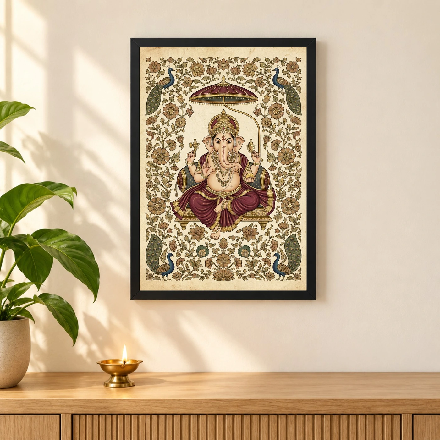 Ganesha Pichwai Painting Peacock Floral Rajasthani Wall Art Photo Frame, view 3