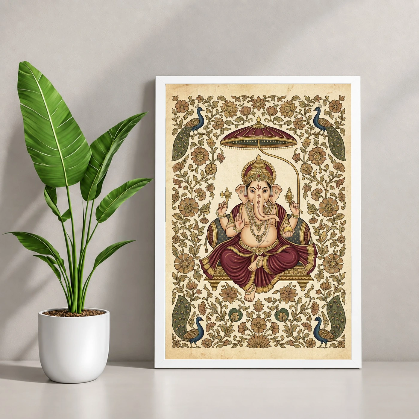 Ganesha Pichwai Painting Peacock Floral Rajasthani Wall Art Photo Frame, view 4