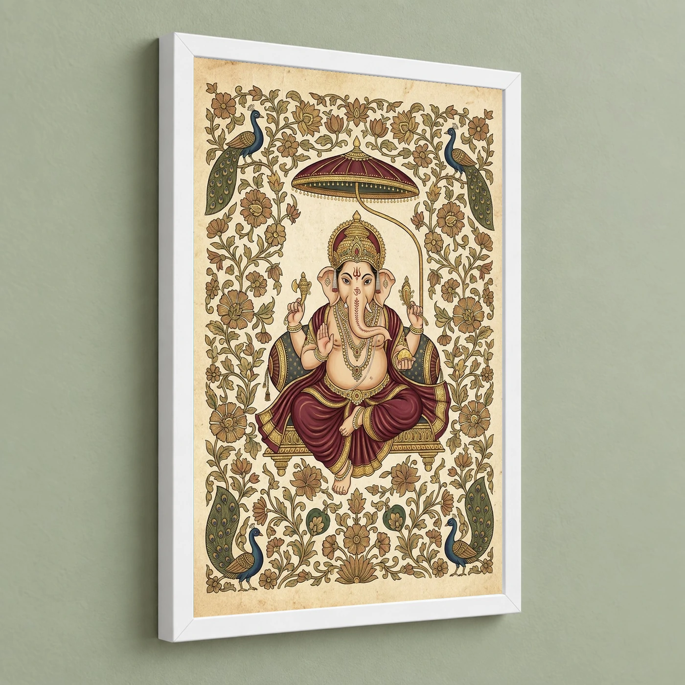 Ganesha Pichwai Painting Peacock Floral Rajasthani Wall Art Photo Frame, view 5