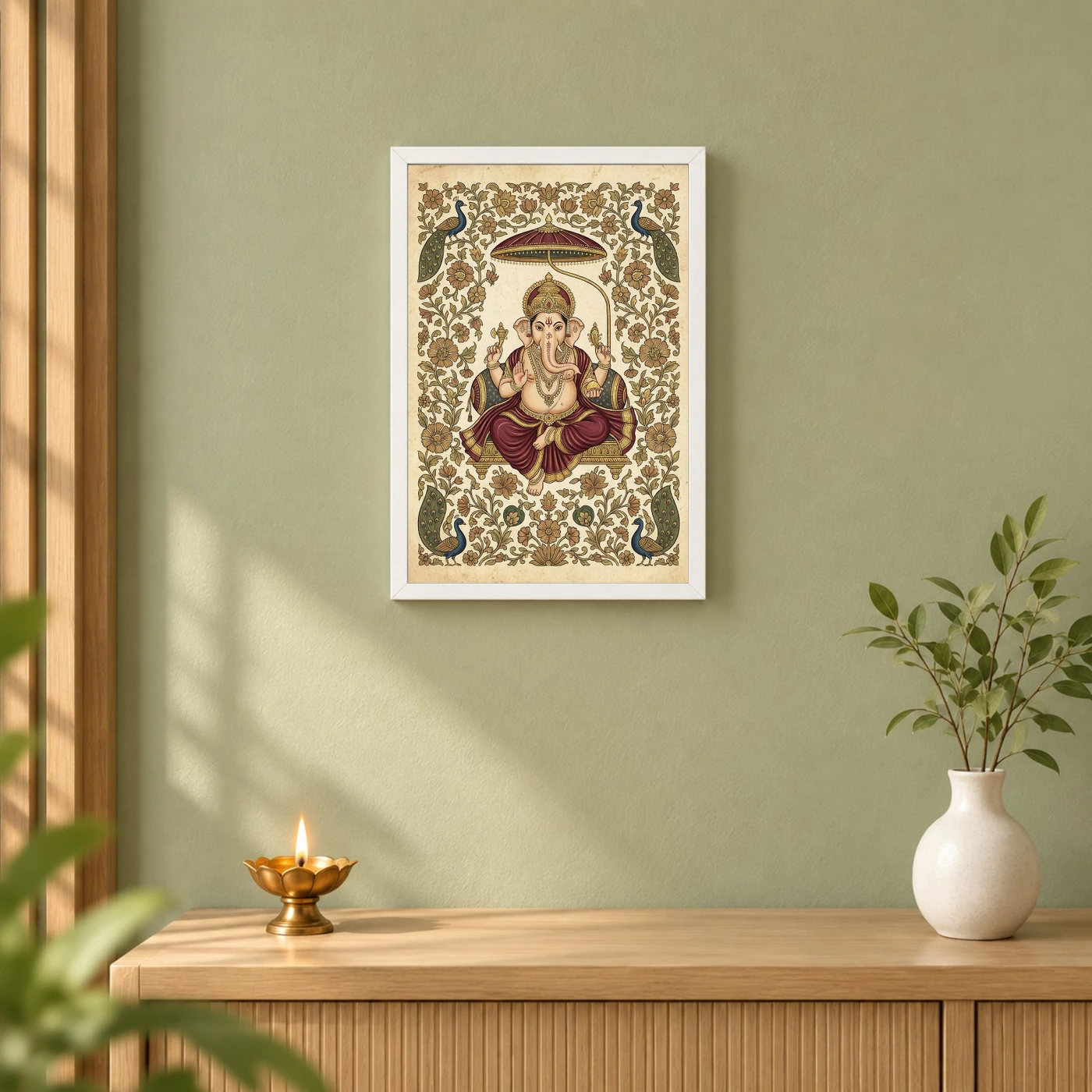 Ganesha Pichwai Painting Peacock Floral Rajasthani Wall Art Photo Frame, view 6
