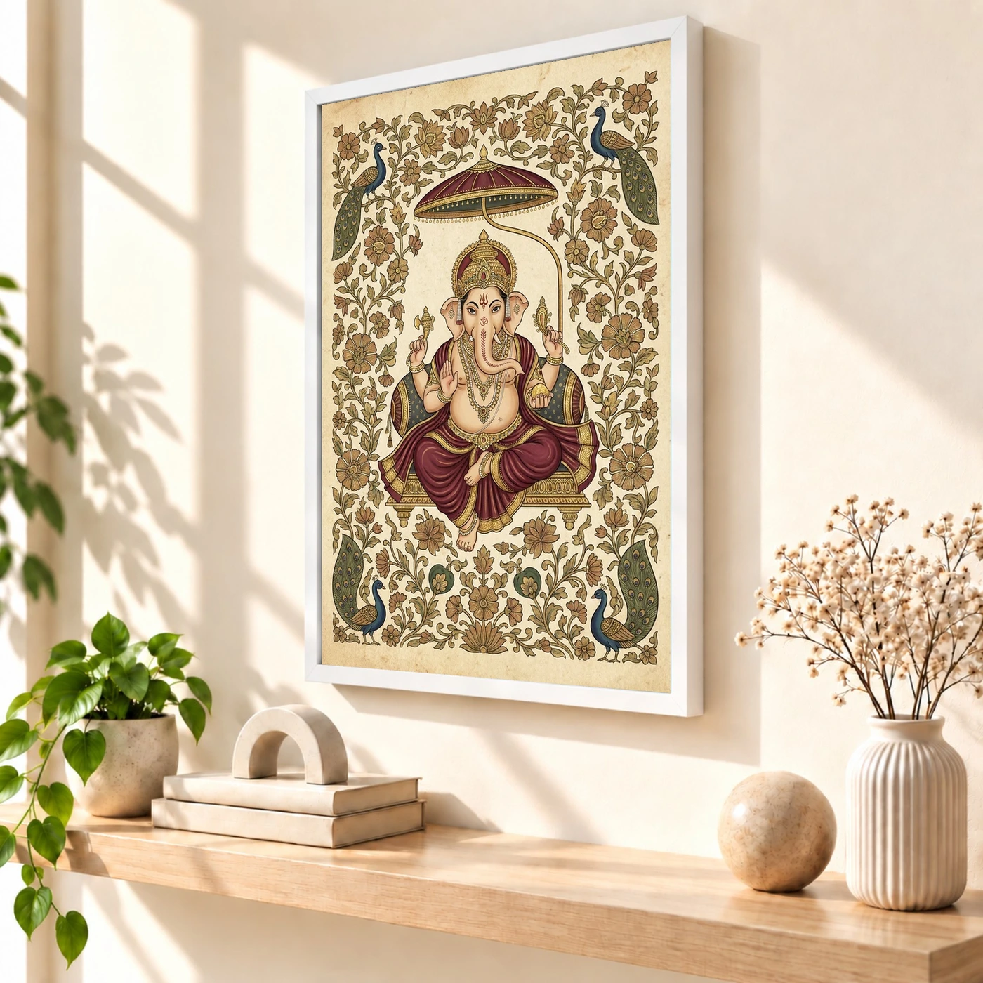 Ganesha Pichwai Painting Peacock Floral Rajasthani Wall Art Photo Frame, view 7