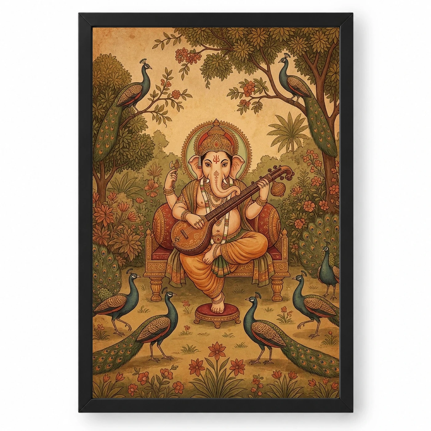 Ganesha Playing Veena Peacock Rajasthani Miniature Painting Photo Frame