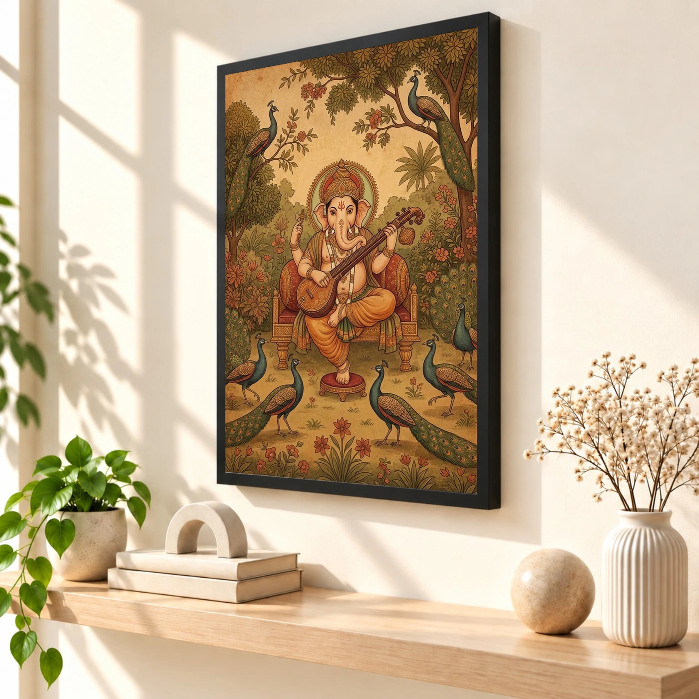 Ganesha Playing Veena Peacock Rajasthani Miniature Painting Photo Frame, view 2
