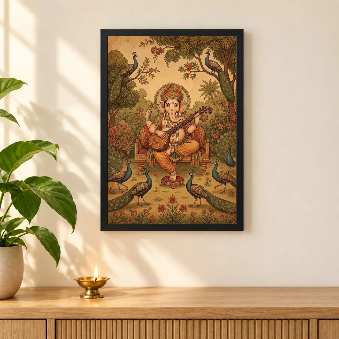 Ganesha Playing Veena Peacock Rajasthani Miniature Painting Photo Frame, view 3
