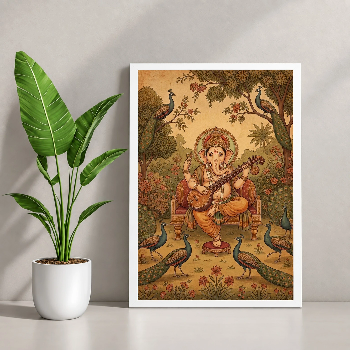 Ganesha Playing Veena Peacock Rajasthani Miniature Painting Photo Frame, view 4