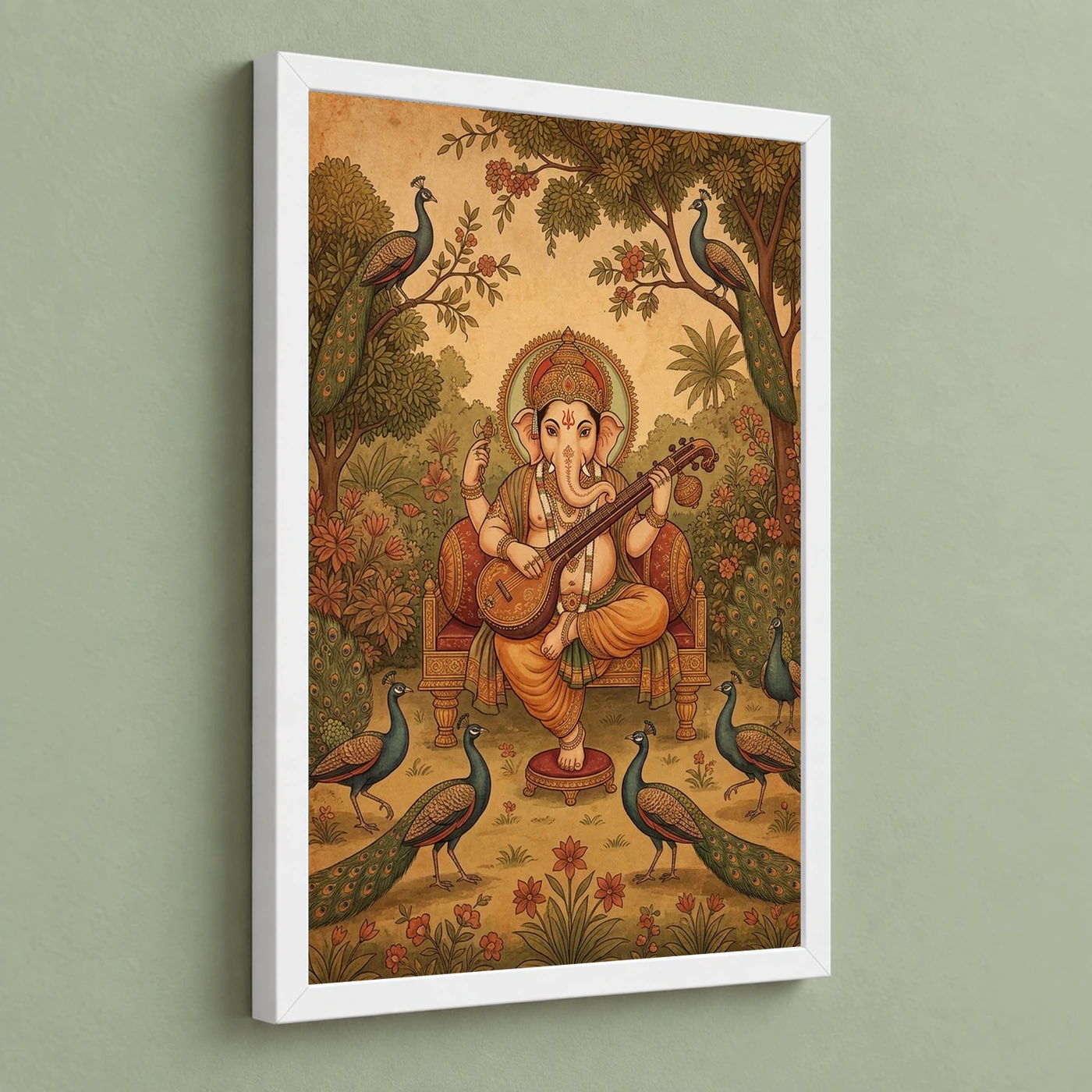 Ganesha Playing Veena Peacock Rajasthani Miniature Painting Photo Frame, view 5