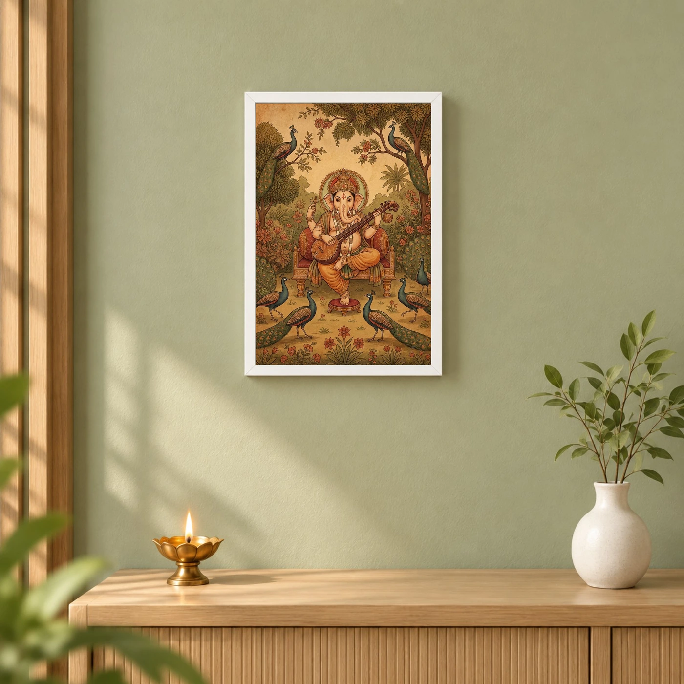 Ganesha Playing Veena Peacock Rajasthani Miniature Painting Photo Frame, view 6