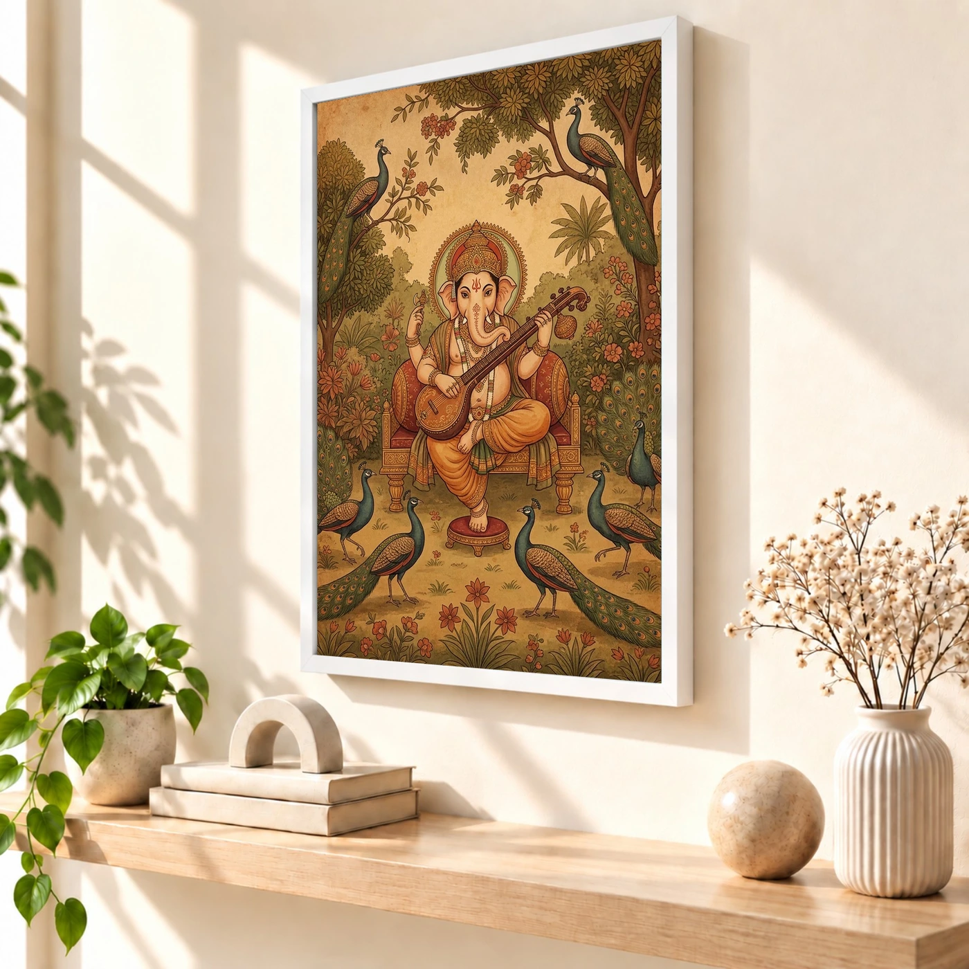 Ganesha Playing Veena Peacock Rajasthani Miniature Painting Photo Frame, view 7